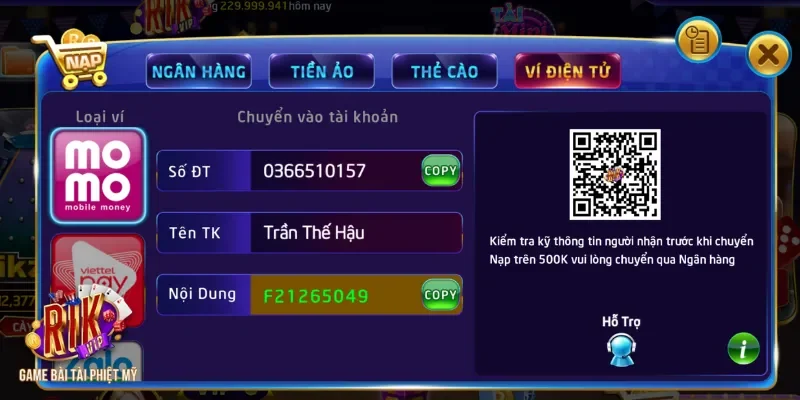 Hướng dẫn quy trình nạp tiền vào tài khoản Rikvip